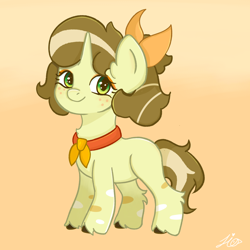Size: 3072x3072 | Tagged: safe, artist:duckyia, oc, pony, unicorn, bow, brown mane, chest fluff, ear fluff, eyelashes, female, filly, foal, freckles, gradient background, green eyes, hair bow, hooves, horn, looking at you, markings, necktie, orange background, ponytail, signature, smiling, smiling at you, solo, yellow coat
