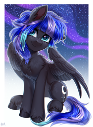 Size: 2500x3400 | Tagged: safe, artist:hakaina, oc, oc only, oc:rainfall (zeepurplefox), pegasus, belly, chest fluff, colored, concave belly, cute, female, fluffy, high res, looking up, mare, ocbetes, partially open wings, pegasus oc, shading, sitting, solo, starry sky, unshorn fetlocks, wings