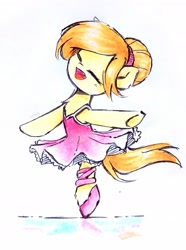 Size: 1643x2211 | Tagged: safe, artist:liaaqila, oc, oc only, oc:copper moon, earth pony, pony, ballerina, dancing, eyes closed, open mouth, open smile, simple background, smiling, solo, traditional art, white background