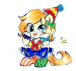 Size: 1576x1483 | Tagged: safe, artist:liaaqila, oc, oc only, oc:copper moon, earth pony, pony, clown, cute, derp, eye clipping through hair, hat, ocbetes, party hat, silly, silly pony, simple background, solo, tongue out, traditional art, white background