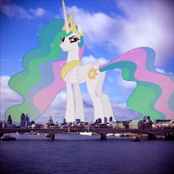 Size: 1024x1024 | Tagged: safe, artist:90sigma, edit, editor:jaredking779, princess celestia, alicorn, pony, g4, angry, attack on pony, butt, crown, ethereal mane, ethereal tail, female, folded wings, giant pony, giantess, giantlestia, highrise ponies, irl, jewelry, london, looking at you, macro, mare, peytral, photo, plot, ponies in real life, red eyes, regalia, solo, story included, sunbutt, tail, united kingdom, wings