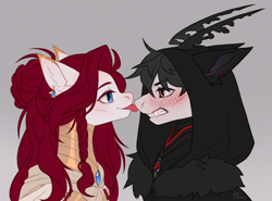 Size: 4200x3100 | Tagged: safe, artist:miurimau, oc, oc only, pony, blush lines, blushing, bust, cloak, clothes, commission, duo, ear piercing, earring, fangs, gray background, gritted teeth, high res, hood, jewelry, nose licking, piercing, signature, simple background, smiling, teeth, tongue out
