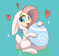 Size: 1000x952 | Tagged: safe, artist:inkypuso, fluttershy, pegasus, pony, g4, animal costume, bunny costume, bunnyshy, clothes, costume, cute, egg, female, heart, looking at you, mare, shyabetes, simple background, solo, teal background