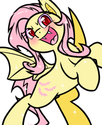Size: 618x759 | Tagged: safe, artist:paperbagpony, fluttershy, bat pony, g4, bat ears, bat ponified, bat wings, fangs, female, flutterbat, looking at you, mare, open mouth, race swap, simple background, solo, spread wings, white background, wings