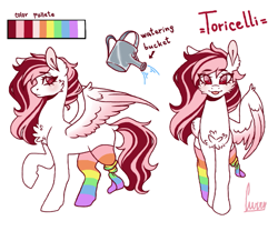 Size: 1495x1241 | Tagged: safe, artist:curryrice, oc, oc only, oc:toricelli, pegasus, pony, amputee, cheek fluff, chest fluff, clothes, looking at you, messy mane, rainbow socks, reference sheet, shy, simple background, socks, solo, striped socks, watering can, white background