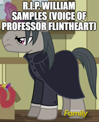 Size: 500x620 | Tagged: safe, edit, edited screencap, screencap, professor flintheart, pony, unicorn, a hearth's warming tail, g4, horn, in memoriam, male, rest in peace, stallion, voice actor, william samples