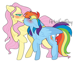 Size: 1908x1573 | Tagged: safe, artist:artistcoolpony, fluttershy, rainbow dash, pegasus, pony, g4, bedroom eyes, blushing, colored wings, concave belly, duo, duo female, eyebrows, eyebrows visible through hair, female, floppy ears, grin, height difference, lesbian, looking at each other, looking at someone, mare, ship:flutterdash, shipping, signature, simple background, smiling, smiling at each other, tallershy, transparent background, two toned wings, wings