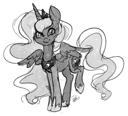 Size: 1280x1162 | Tagged: safe, artist:peaceouttopizza23, princess luna, alicorn, pony, g4, deviantart watermark, female, grayscale, looking at you, mare, monochrome, obtrusive watermark, partially open wings, signature, simple background, smiling, smiling at you, solo, watermark, white background, wings