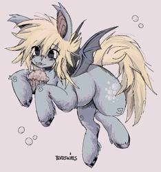 Size: 1005x1072 | Tagged: safe, artist:blvdswirls, derpy hooves, bat pony, pony, g4, :p, bat ponified, bubble, derpybat, food, muffin, plump, race swap, smiling, solo, species swap, tongue out