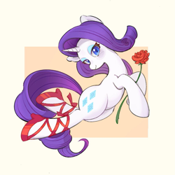 Size: 1143x1143 | Tagged: safe, artist:chonpsk, rarity, pony, unicorn, g4, beige background, blushing, eyeshadow, female, flower, high heels, horn, lidded eyes, looking at you, makeup, mare, passepartout, rose, shoes, simple background, smiling, smiling at you, solo, tail