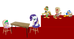 Size: 1056x563 | Tagged: safe, artist:franpaz, artist:luckreza8, artist:simonstudio587, rarity, spike, bird, dragon, duck, parrot, pony, unicorn, g4, clothes, crossover, date, donald duck, eyeshadow, female, guitar, horn, jose carioca, lidded eyes, looking at each other, looking at someone, makeup, male, musical instrument, open mouth, open smile, panchito pistoles, rooster, ship:sparity, shipping, sitting, smiling, smiling at each other, stage, straight, table, the three caballeros, umbrella