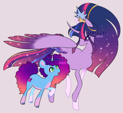 Size: 1564x1440 | Tagged: safe, artist:nyctophilist, derpibooru exclusive, misty brightdawn, twilight sparkle, alicorn, unicorn, g4, g5, afro mane, blue coat, blue mane, colored wings, crown, curious, duo, duo female, ethereal mane, ethereal tail, female, fluffy mane, gradient mane, gradient wings, green eyes, horn, jewelry, older, older twilight, older twilight sparkle (alicorn), ponytail, princess twilight 2.0, purple coat, purple eyes, purple mane, rainbow power, raised hooves, rebirth misty, regalia, smiling, spread wings, starry mane, starry tail, tail, twilight sparkle (alicorn), walking, wings