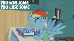Size: 2000x1125 | Tagged: safe, edit, edited screencap, editor:quoterific, screencap, rainbow dash, pegasus, pony, g4, read it and weep, season 2, bandage, bandaged wing, bed, grin, hospital, hospital bed, injured, smiling, solo, wings