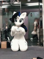 Size: 336x448 | Tagged: safe, artist:girlieginger, rarity, human, unicorn, g4, animated, clapping, fursuit, horn, indoors, irl, irl human, kneeling, photo, ponysuit, solo focus