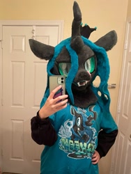 Size: 1536x2048 | Tagged: safe, artist:limeythecheetah, queen chrysalis, changeling, changeling queen, g4, fursuit, hand on hip, indoors, irl, phone, photo, selfie