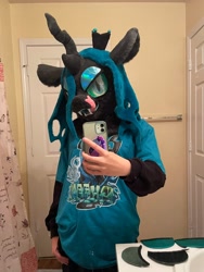 Size: 1536x2048 | Tagged: safe, artist:limeythecheetah, queen chrysalis, changeling, changeling queen, g4, fursuit, hand on hip, indoors, irl, phone, photo, selfie, tongue out