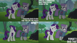 Size: 2000x1125 | Tagged: safe, edit, edited screencap, editor:quoterific, screencap, boulder (g4), maud pie, rarity, g4, the gift of the maud pie, city, park, rock, rock pouch, tree