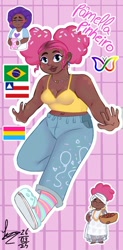 Size: 540x1096 | Tagged: safe, artist:sprong-lhama, pinkie pie, human, g4, afro, afro puffs, alternate hairstyle, blushing, bowl, brazil, bread, clothes, crocs, cute, dark skin, denim, diapinkes, ear piercing, earring, eyes closed, eyeshadow, female, food, freckles, humanized, jeans, jewelry, makeup, midriff, mug, nail polish, pansexual, pansexual pride flag, pants, piercing, pride, pride flag, reference sheet, shirt, socks, solo, striped socks, t-shirt, tank top