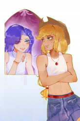 Size: 1256x1920 | Tagged: safe, artist:furaneesu, applejack, rarity, human, g4, bare shoulders, belly button, clothes, crossed arms, denim, denim skirt, duo, female, gradient background, humanized, leaning, lesbian, midriff, ship:rarijack, shipping, skirt, sleeveless