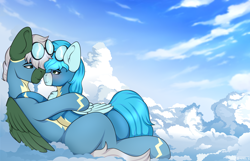 Size: 3100x2000 | Tagged: safe, artist:zarioly, oc, oc only, oc:summer breeze, oc:windracer, pegasus, pony, blushing, clothes, cloud, duo, duo male and female, female, goggles, hug, lying down, lying on a cloud, male, mare, on a cloud, pegasus oc, uniform, wonderbolts uniform