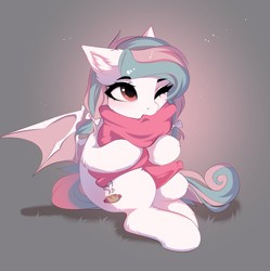 Size: 2001x2008 | Tagged: safe, artist:empress-twilight, oc, oc only, oc:bratwurste, bat pony, pony, bat pony oc, bat wings, commission, cute, ear fluff, eyebrows, eyebrows visible through hair, female, high res, hug, mare, ocbetes, one eye closed, pillow, pillow hug, sitting, solo, spread wings, tail, wings, ych result