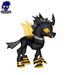 Size: 3840x4154 | Tagged: safe, artist:damlanil, oc, oc only, oc:cubitus, changeling, blushing, burn, burn marks, cheeselegs, collar, commission, cute, fangs, happy, horn, insect wings, makeup, male, orange changeling, show accurate, simple background, solo, spread wings, transparent background, vector, wings