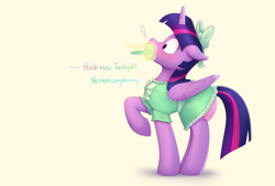 Size: 5967x4031 | Tagged: safe, artist:edrian, twilight sparkle, alicorn, pony, g4, adult foal, blushing, bow, clothes, dialogue, diaper, diaper fetish, diaper under clothes, dress, exclamation point, fetish, floppy ears, hair bow, implied princess celestia, magic, non-baby in diaper, offscreen character, pacifier, raised hoof, shocked, simple background, solo, telekinesis, twilight sparkle (alicorn), white background