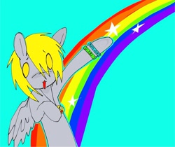 Size: 1984x1668 | Tagged: safe, artist:poniesinmyhead, derpy hooves, pegasus, pony, g4, blue background, cyan background, open mouth, rainbow, scene kid, simple background, solo