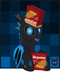 Size: 2378x2832 | Tagged: safe, artist:wheatley r.h., derpibooru exclusive, oc, oc only, oc:w. rhinestone eyes, changeling, honeypot changeling, april fools 2024, bat wings, blue changeling, box, changeling oc, hot pocket, looking at you, male, smiling, stallion, vector, watermark, wings