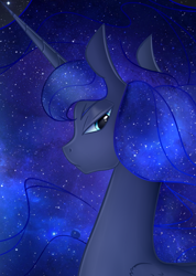 Size: 1200x1689 | Tagged: safe, artist:heavenless, artist:s.l.guinefort, edit, princess luna, alicorn, g4, bust, cropped, ethereal mane, eyebrows, folded wings, frown, furrowed brow, lidded eyes, long mane, looking at you, luna is not amused, portrait, slender, solo, starry mane, thin, unamused, wings