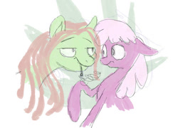 Size: 750x539 | Tagged: safe, artist:shaslan, cheerilee, tree hugger, earth pony, pony, g4, blunt, drugs, duo, duo female, female, looking at each other, looking at someone, mare, marijuana, raised hoof, simple background, white background