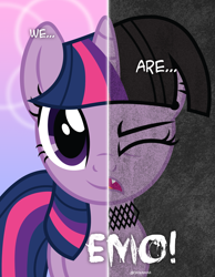 Size: 1787x2301 | Tagged: safe, artist:jaye, twilight sparkle, pony, unicorn, two sided posters, g4, emo, emo twilight, female, horn, mare, meme, poster, style emulation, two sides, we're emo