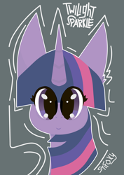 Size: 2480x3508 | Tagged: safe, artist:stifoxy, twilight sparkle, pony, unicorn, g4, big ears, big eyes, bust, ear fluff, female, gray background, horn, looking at you, mare, portrait, poster, purple fur, shiny eyes, simple background, smiling, solo, tricolor mane, unicorn twilight