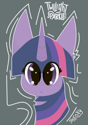 Size: 2480x3508 | Tagged: safe, artist:stifoxy, twilight sparkle, pony, unicorn, g4, big ears, big eyes, bust, ear fluff, female, gray background, horn, looking at you, mare, portrait, poster, purple fur, shiny eyes, simple background, smiling, solo, three toned mane, unicorn twilight