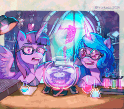 Size: 1774x1568 | Tagged: safe, artist:frank3dz, izzy moonbow, twilight sparkle, alicorn, pony, unicorn, g4, g5, my little pony: a new generation, my little pony: make your mark, my little pony: tell your tale, animated, chemicals, chemistry, cute, gif, glasses, horn, imminent explosion, nerd pony, purple mane, purple skin, science, sparkles, test tube, that pony sure does love glitter, this will end in explosions, twilight sparkle (alicorn), what has science done, what have you done?!, window
