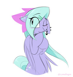 Size: 1454x1530 | Tagged: safe, artist:madragon, flitter, pegasus, pony, g4, bipedal, blushing, bow, chest fluff, ear piercing, female, hair bow, hairpin, one eye closed, piercing, simple background, solo, white background