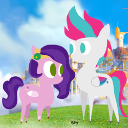 Size: 1280x1280 | Tagged: safe, artist:skycandy, pipp petals, zipp storm, pegasus, pony, g5, female, height difference, pipp is short, pointy ponies, royal sisters (g5), siblings, sisters, unshorn fetlocks, zephyr heights, zipp is tall