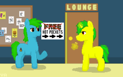 Size: 1024x640 | Tagged: safe, artist:valuable ashes, oc, oc only, oc:technical writings, oc:valuable ashes, earth pony, pony, unicorn, bulletin board, duo, horn, hot pocket, male, pixel art, stallion