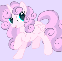 Size: 400x395 | Tagged: safe, editor:autismare, oc, oc only, oc:adora belle, oc:princess adora sugar belle, alicorn, pony, g4, alicorn oc, base used, cyan eyes, folded wings, horn, lavender background, not flurry heart, not sweetie belle, open mouth, open smile, purple background, raised hoof, simple background, smiling, solo, standing, wings