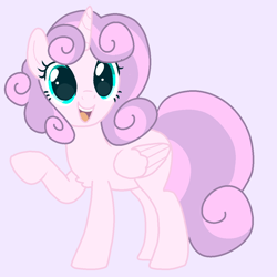 Size: 1102x1102 | Tagged: safe, editor:autismare, oc, oc only, oc:adora belle, oc:princess adora sugar belle, alicorn, pony, g4, alicorn oc, base used, chest fluff, cyan eyes, female, folded wings, horn, looking at you, mare, not flurry heart, not sweetie belle, open mouth, open smile, purple background, raised hoof, simple background, smiling, solo, wings