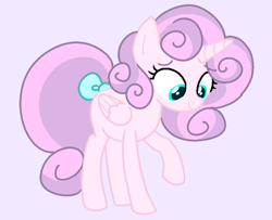 Size: 1000x810 | Tagged: safe, editor:autismare, oc, oc only, oc:adora belle, oc:princess adora sugar belle, alicorn, g4, alicorn oc, base used, bow, cyan eyes, female, folded wings, horn, looking down, purple background, simple background, smiling, solo, tail, tail bow, teenager, wings