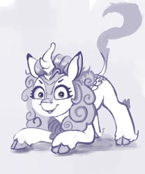 Size: 750x900 | Tagged: safe, artist:ponsce, autumn blaze, kirin, g4, awwtumn blaze, behaving like a cat, cloven hooves, cute, grayscale, looking at you, monochrome, smiling, solo