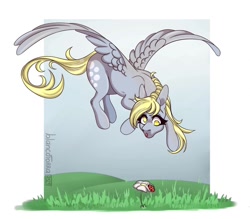 Size: 1120x980 | Tagged: safe, artist:blancotorra, derpy hooves, insect, ladybug, pegasus, pony, g4, female, flower, flying, grass, looking down, mare, passepartout, simple background, solo, white background