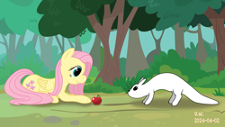 Size: 5162x2910 | Tagged: safe, artist:dragonchaser123, artist:fureox, artist:nonamepaper, artist:pink amena, fluttershy, pegasus, pony, g4, apple, assets used, cautious, crossover, duo, food, rain world, side view, slugcat, smiling, tree, vector