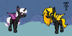 Size: 1246x623 | Tagged: safe, artist:damset, oc, oc:mirage, oc:pepino berbug, changeling, cave, female, ms paint, pixel art, purple changeling, walking, yellow changeling