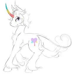 Size: 1040x1060 | Tagged: safe, artist:squeezymouse, derpibooru exclusive, oc, oc only, oc:tri color, classical unicorn, pony, unicorn, cloven hooves, colored horn, concave belly, curved horn, gradient horn, hooves, horn, leonine tail, rainbow horn, side view, simple background, sketch, solo, unshorn fetlocks, white background