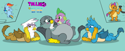 Size: 4350x1778 | Tagged: safe, artist:rupert, gabby, gallus, gilda, rainbow dash, smolder, spike, dragon, griffon, pegasus, pony, series:catbird 3's colossal squish program, g4, belly, bloated, blushing, chibi, chubby, disappointed, dragoness, emanata, female, food, frown, hose, imminent weight gain, incentive drive, lying down, male, milestone, open mouth, pale belly, paws, plump, poking, prone, round belly, sitting, smiling, teams, this will end in weight gain, weight gain sequence
