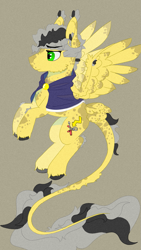 Size: 1017x1800 | Tagged: safe, artist:hrabiadeblacksky, oc, oc only, oc:golden foreman, fly, insect, pegasus, pony, clothes, flaying, flying, green eyes, grey hair, simple background, solo, suit, wings, yellow background, yellow fur