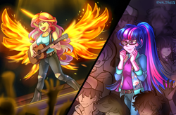 Size: 3092x2032 | Tagged: safe, artist:yuris, sci-twi, sunset shimmer, twilight sparkle, human, fanfic:cross the rubicon- choices, equestria girls, g4, artificial wings, augmented, breasts, busty sunset shimmer, clothes, comic, crowd, daydream shimmer, fanfic, fanfic art, female, fiery shimmer, fiery wings, guitar, implied lesbian, implied scitwishimmer, implied shipping, magic, magic wings, musical instrument, open mouth, shirt, silhouette, smiling, stage, sunset phoenix, wings