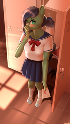 Size: 1700x3000 | Tagged: safe, artist:xcinnamon-twistx, oc, oc only, oc:gray hat, anthro, blushing, clothes, commission, confession, letter, lockers, looking away, love, love letter, sailor uniform, school, school uniform, schoolgirl, solo, sunset, uniform, ych result